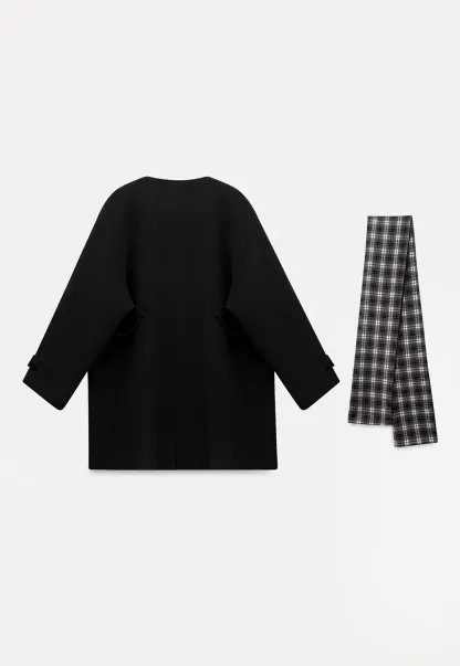 Women Black Wool Coat with Plaid Scarf Set