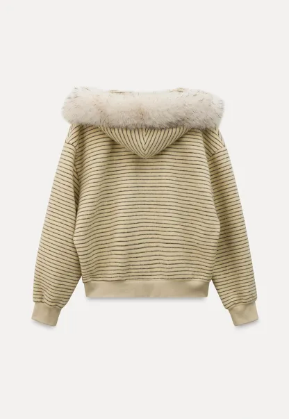 Women Striped Zip-Up Hoodie with Fur Collar