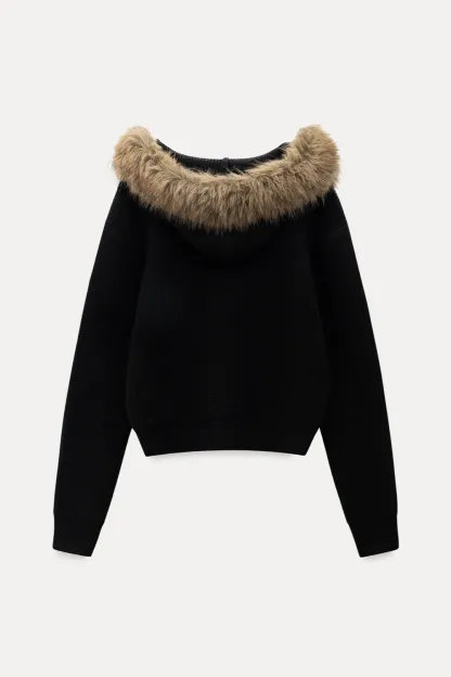 Faux Fur Hooded Cable Knit Sweater