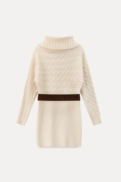 Off-Shoulder Cable Knit Waist-Cinching Dress