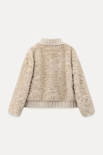 Collar Knit Patchwork Faux Shearling Coat
