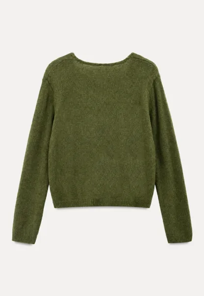 V Neck Drawstring Detail Woolen Knit Sweater
