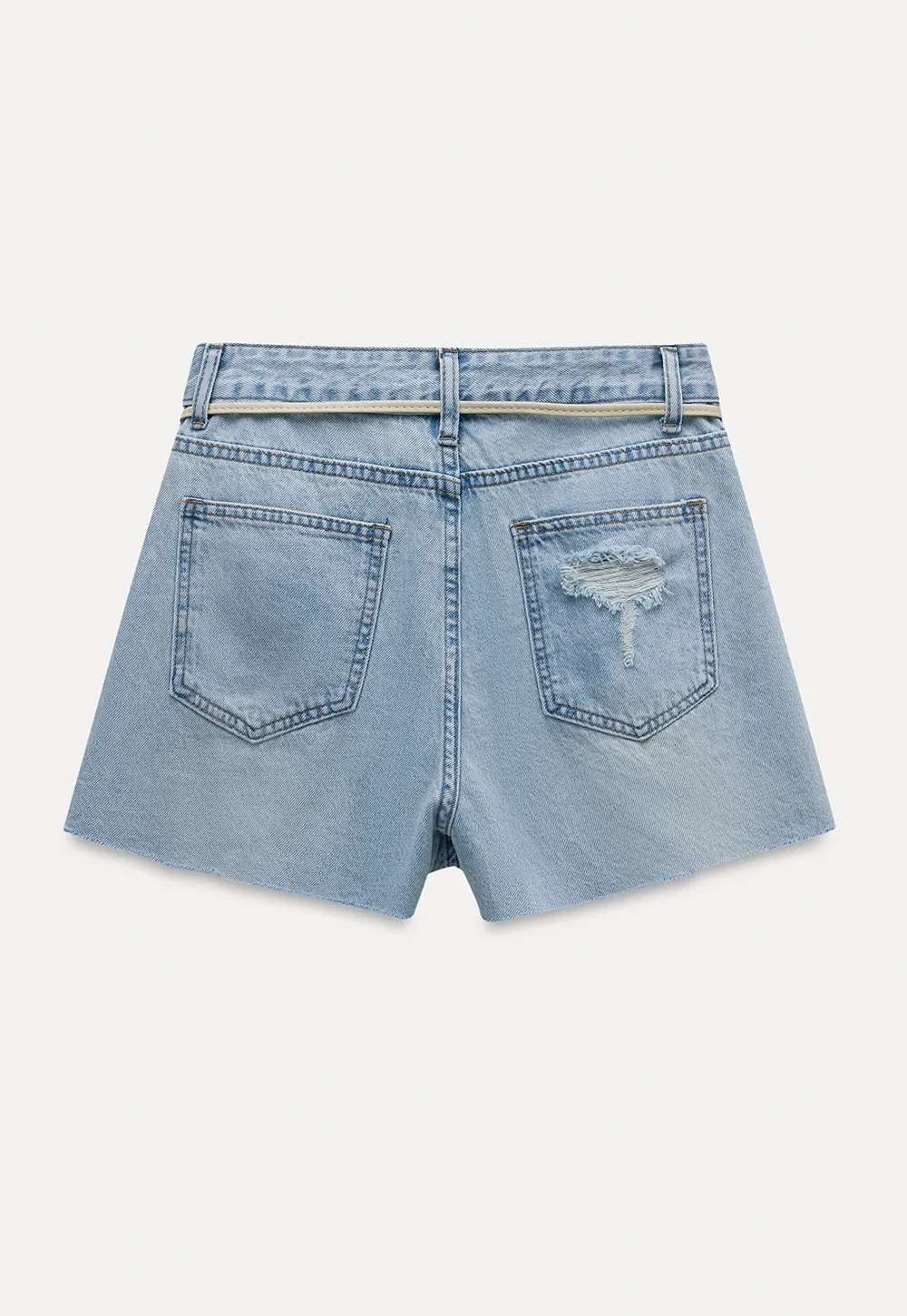 Fringed Belted Distressed Denim Shorts