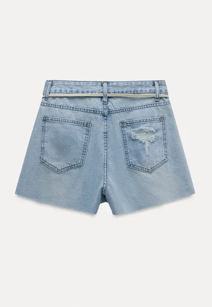 Fringed Belted Distressed Denim Shorts