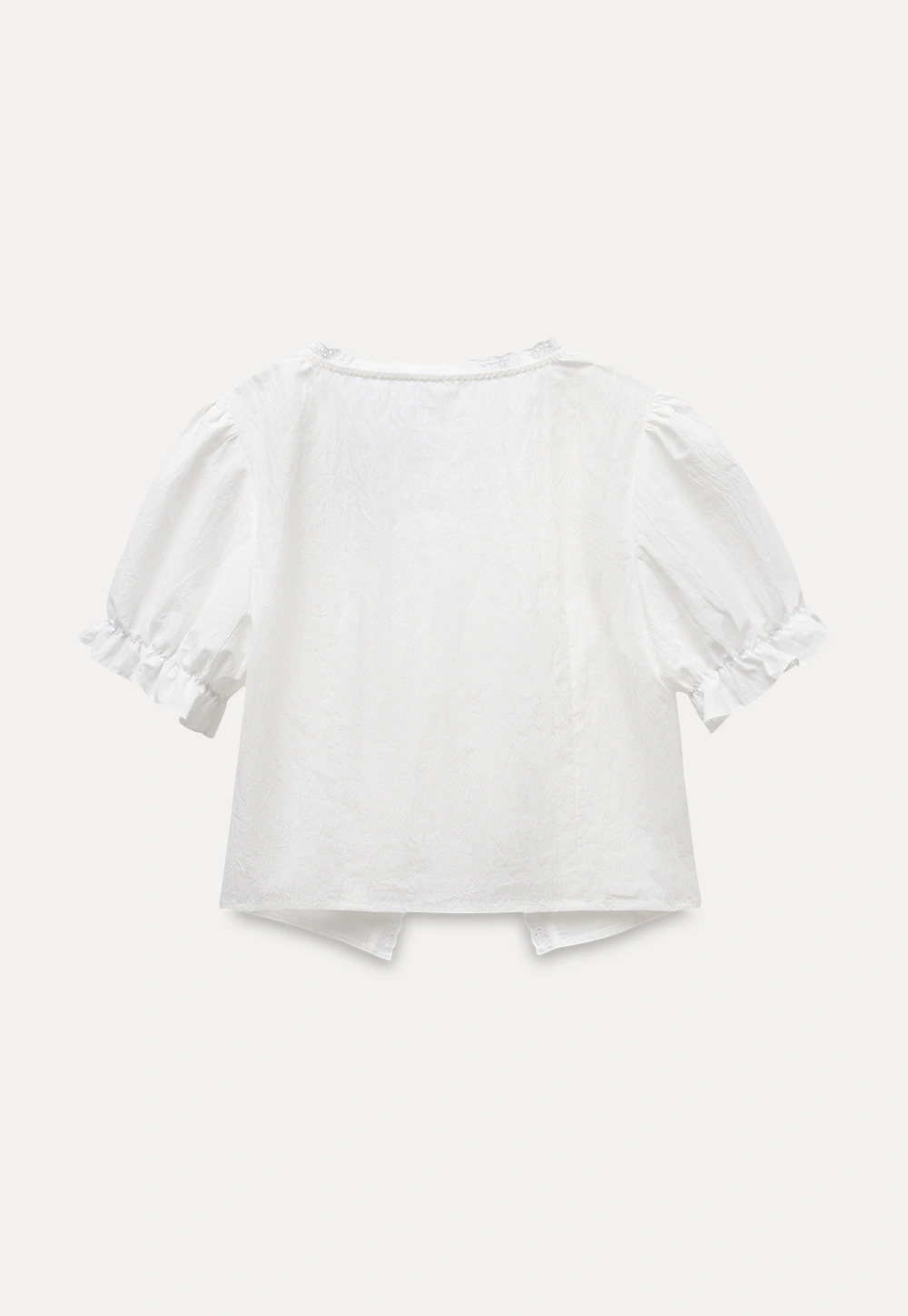 Eyelet Trim Puff Sleeve Tie-Front Blouse