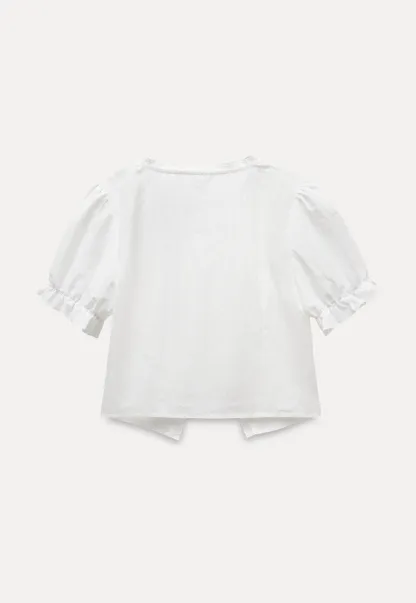 Eyelet Trim Puff Sleeve Tie-Front Blouse