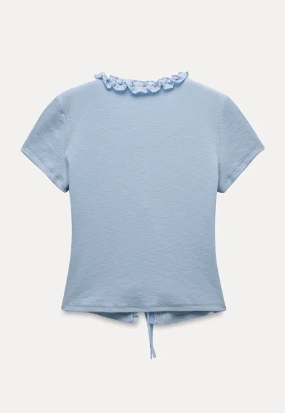 Short Sleeve Ruffle Crop Top with Bow Detail
