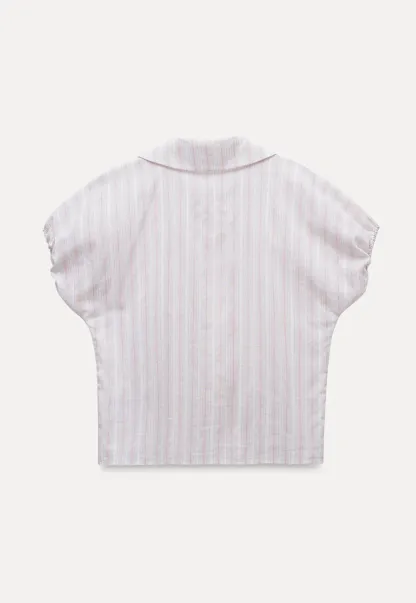 Striped Short Sleeve Blouse with Lace-Up Neck