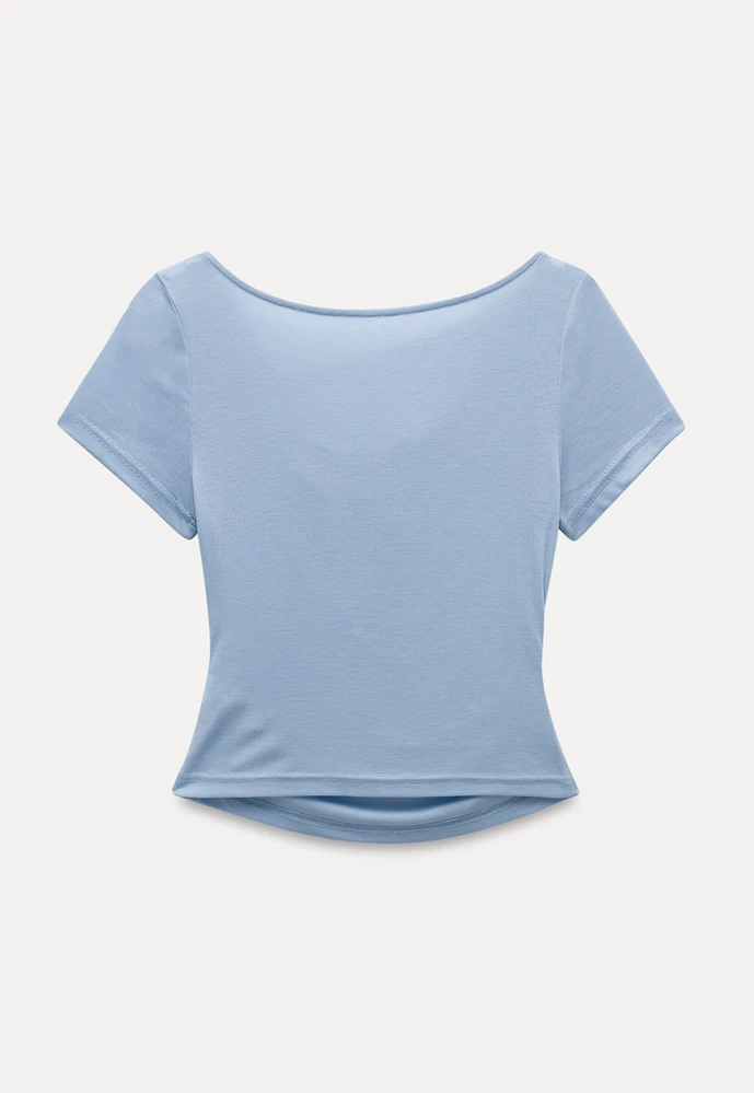 Women’s Cowl Neck Lace-Back Ruched Tee