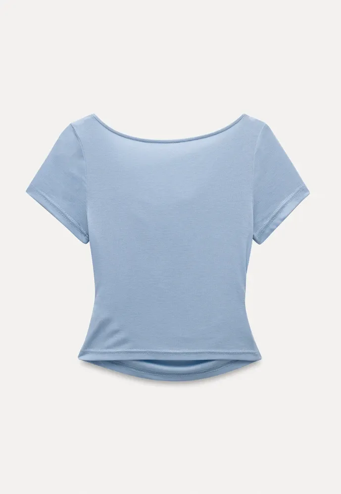 Women’s Cowl Neck Lace-Back Ruched Tee