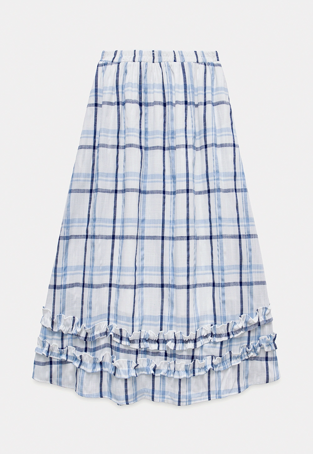 Blue-Check Ruffled Hem Midi Skirt