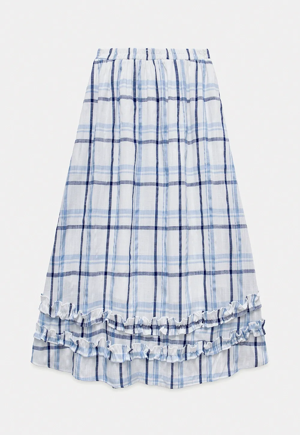 Blue-Check Ruffled Hem Midi Skirt