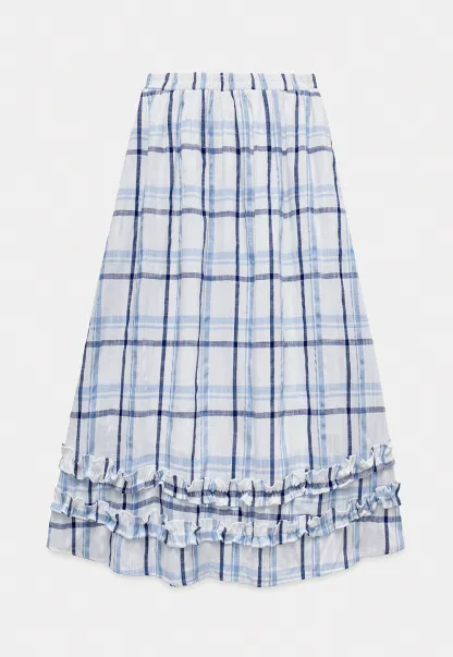 Blue-Check Ruffled Hem Midi Skirt