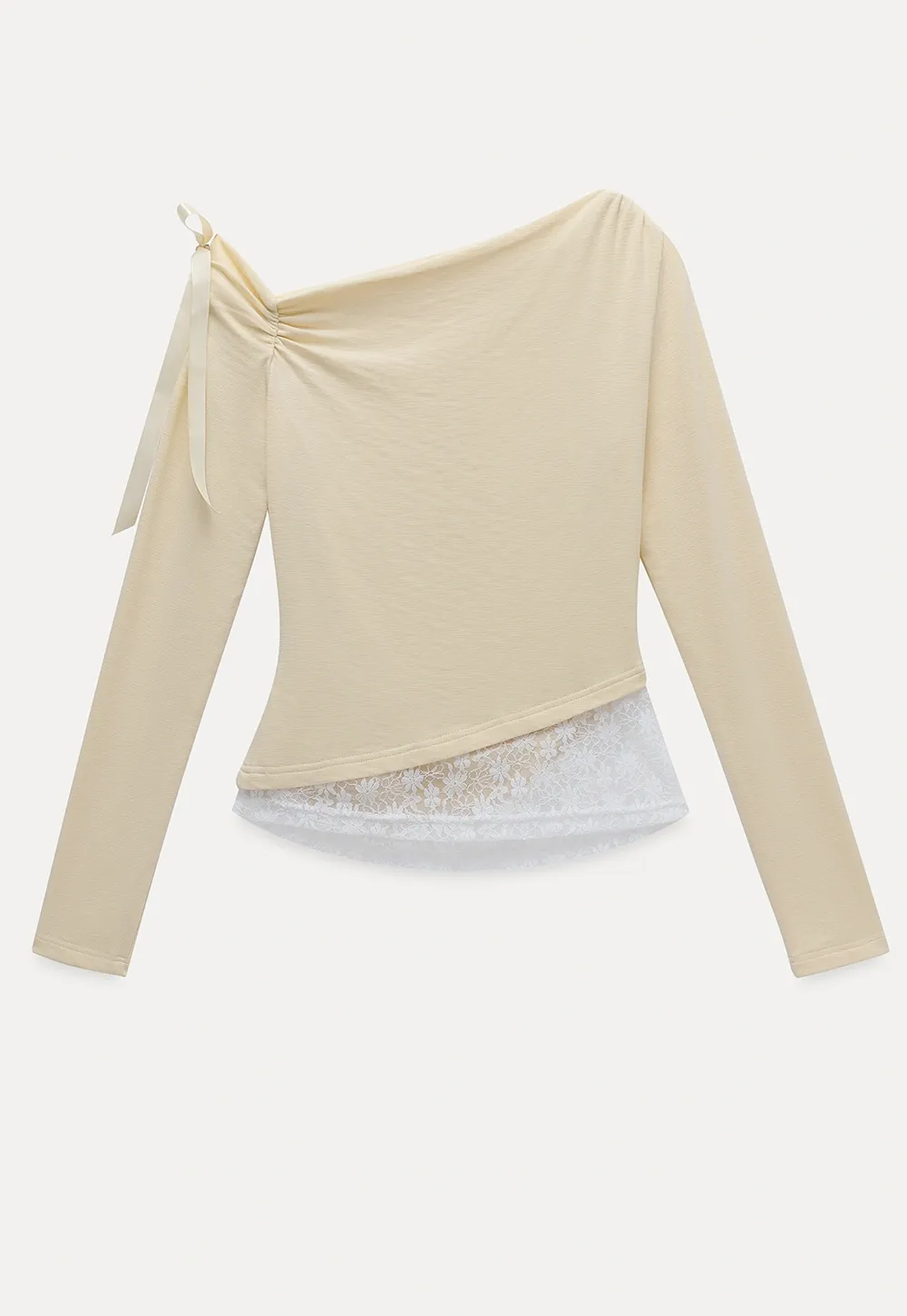 Women One Shoulder Tie Ruched Long Sleeve Off Shoulder Tee