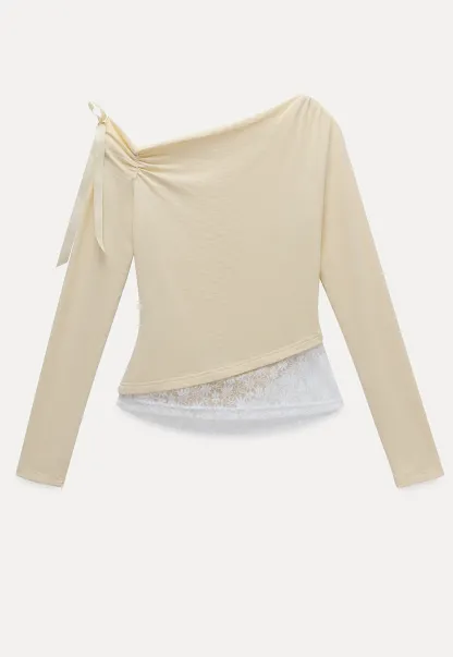 Women One Shoulder Tie Ruched Long Sleeve Off Shoulder Tee