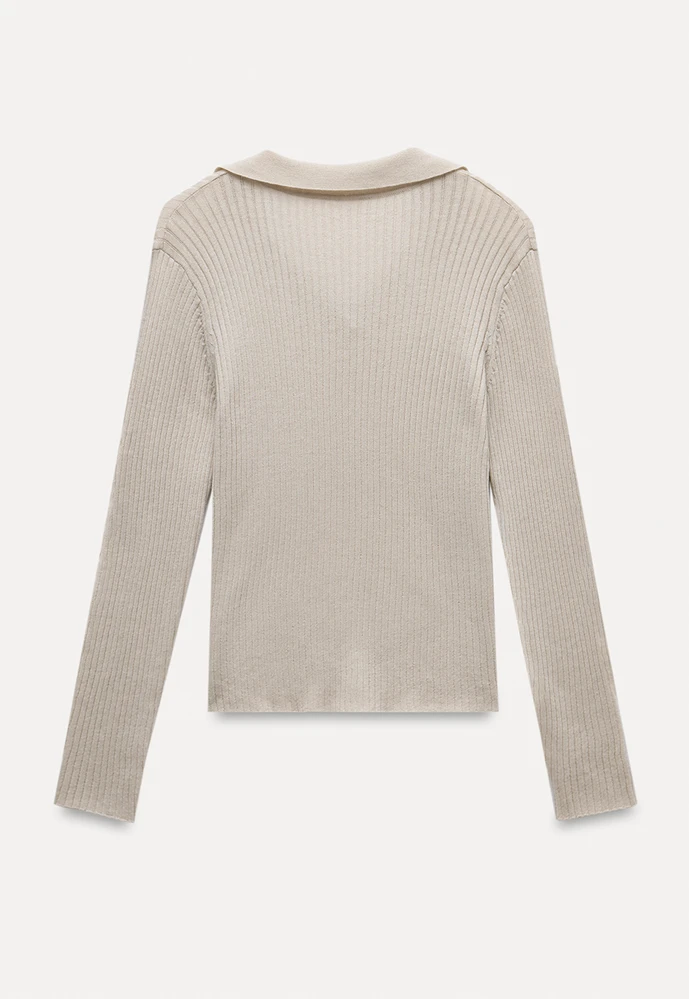 Ribbed Open-Collar Knit Top