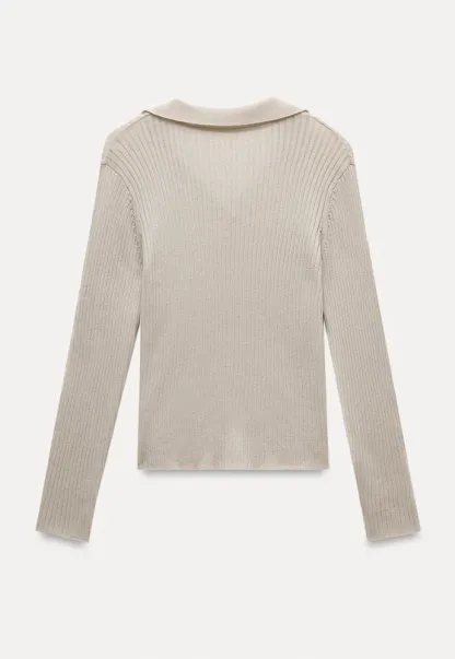 Ribbed Open-Collar Knit Top