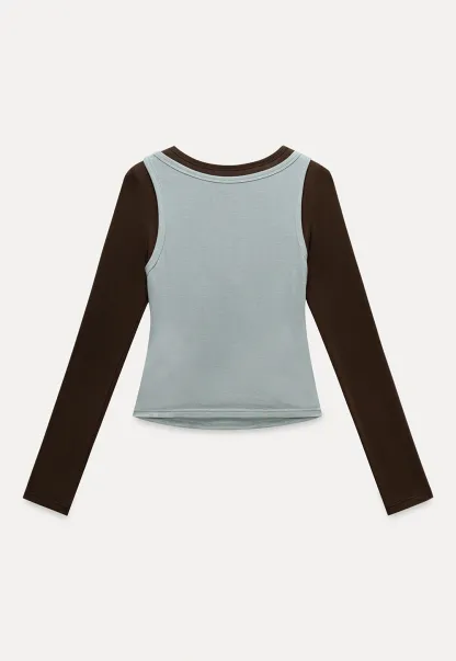 Women's Cami-Overlay Ruched Long Sleeve Top