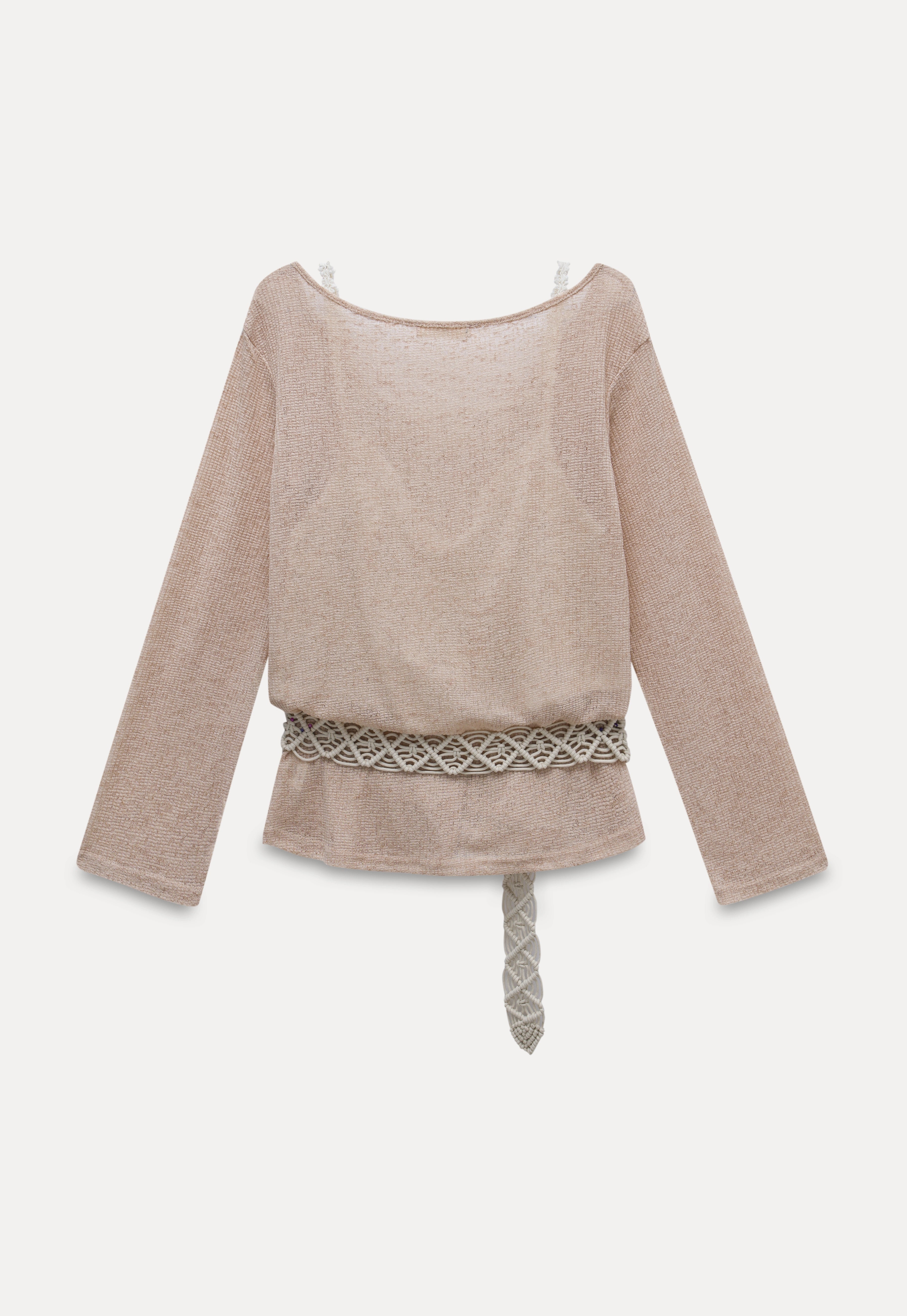 Boho-Inspired Beige Knit Top with Crochet Belt