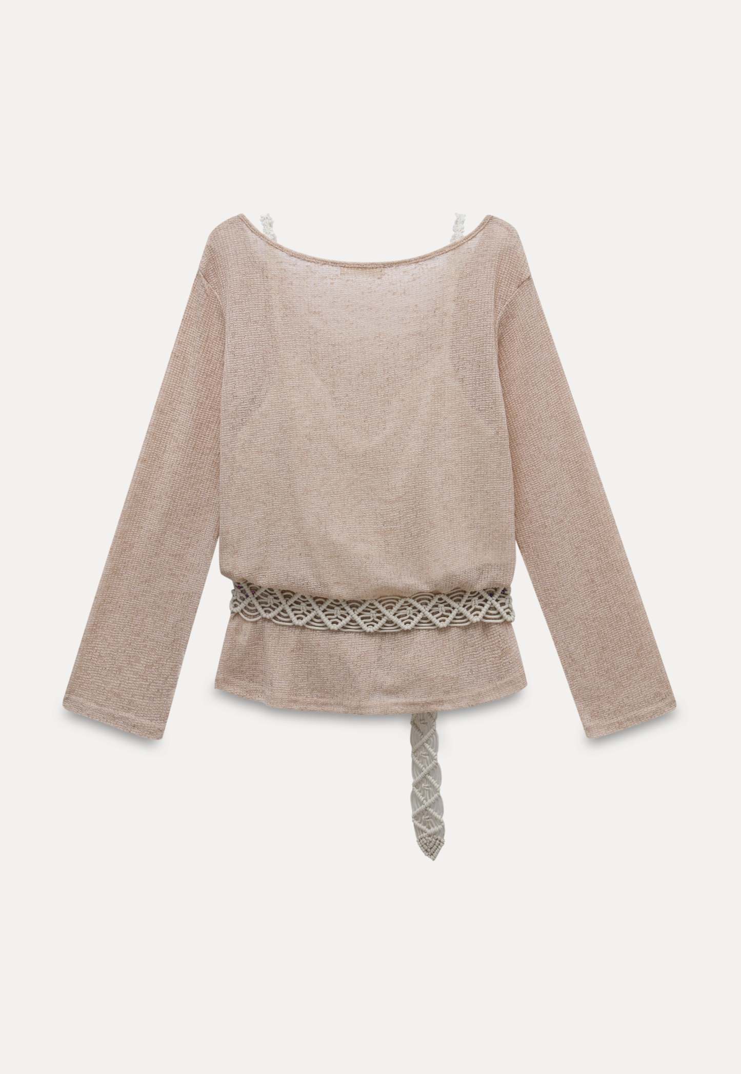 Boho-Inspired Beige Knit Top with Crochet Belt