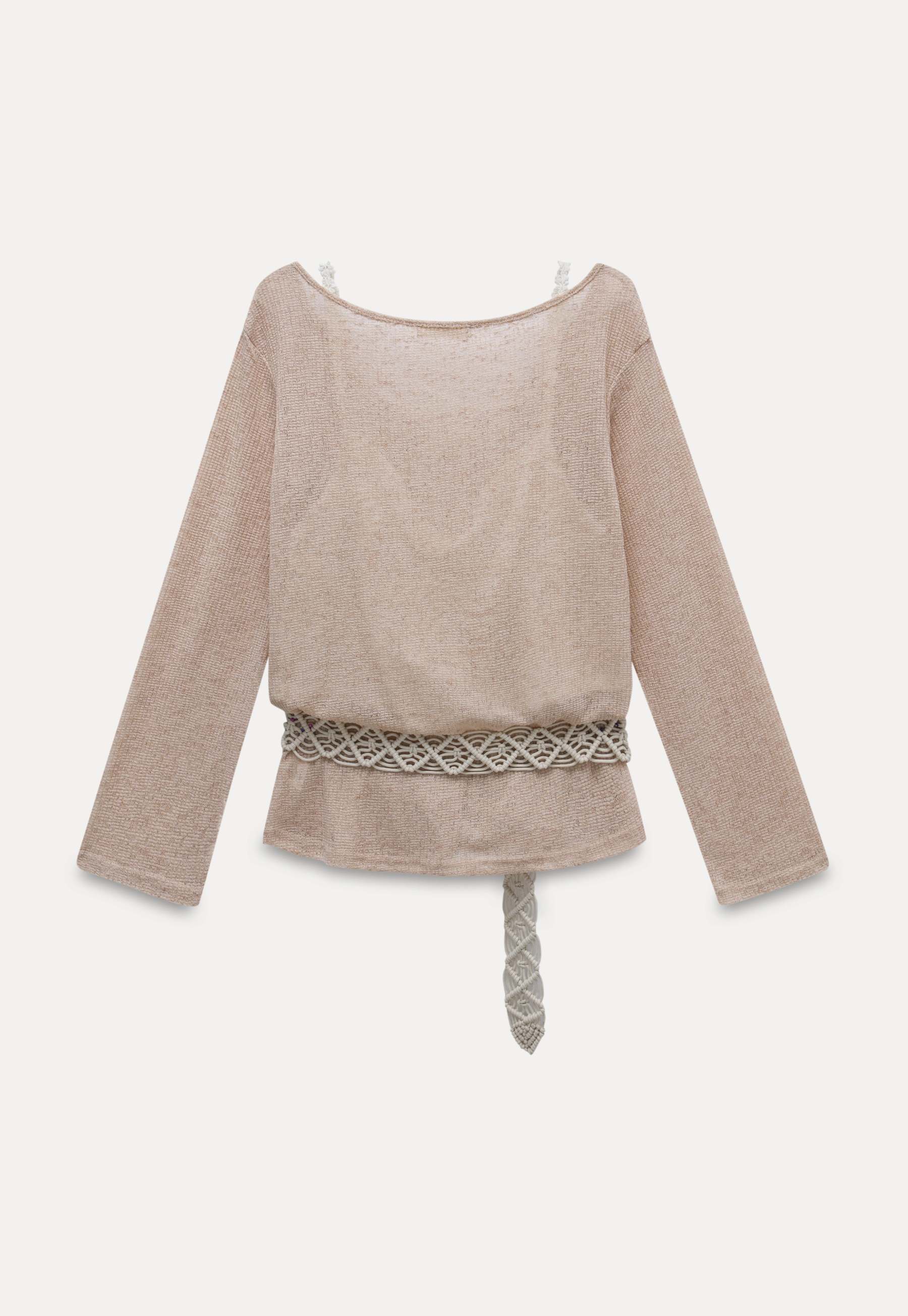 Boho-Inspired Beige Knit Top with Crochet Belt