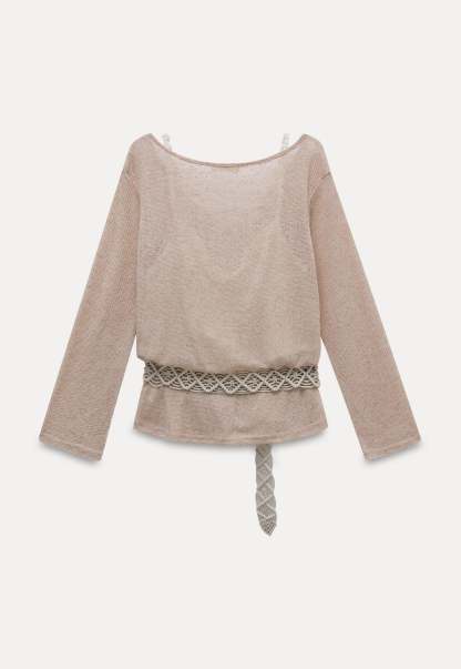 Boho-Inspired Beige Knit Top with Crochet Belt