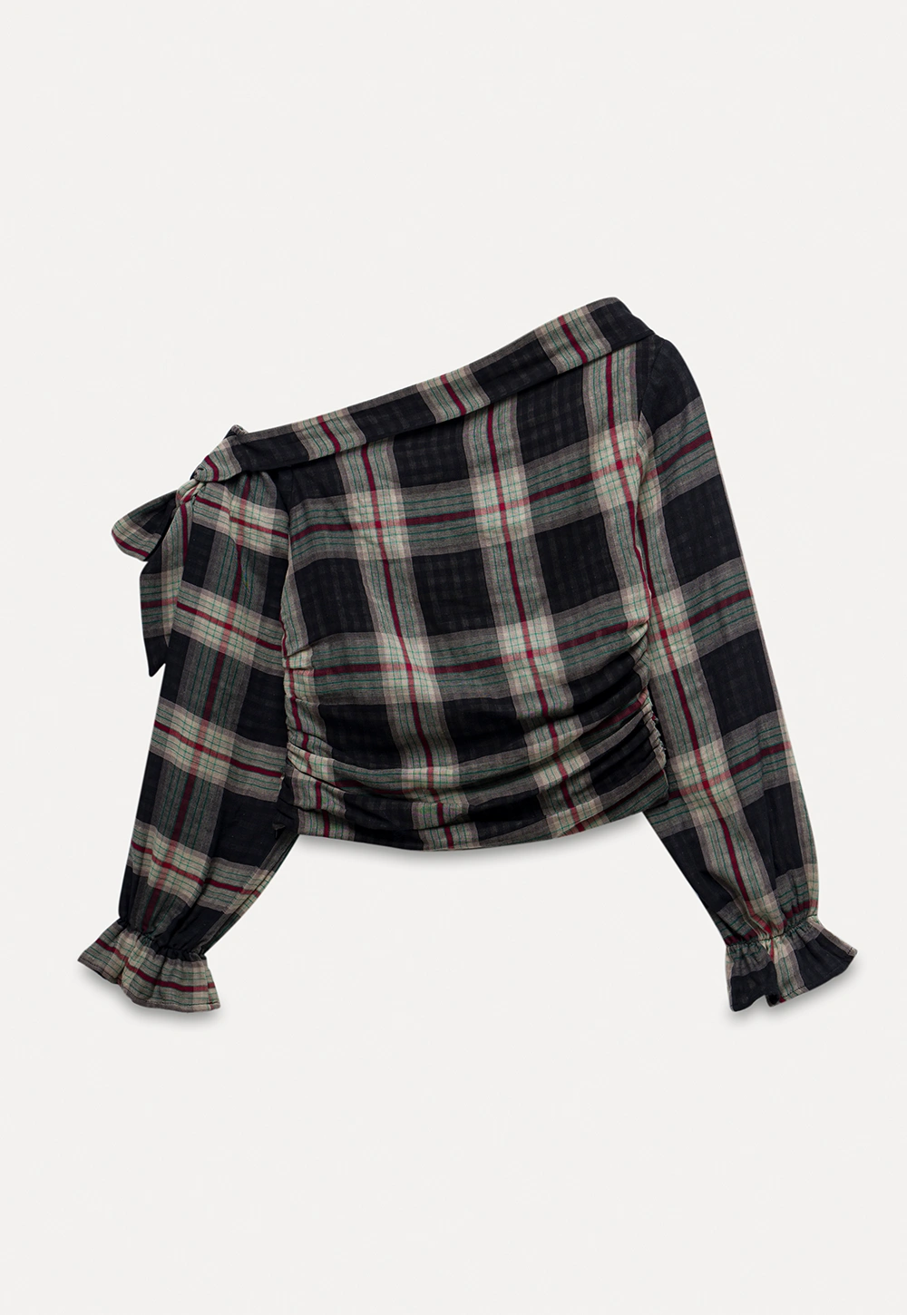 Womens Plaid Off Shoulder Tie Blouse