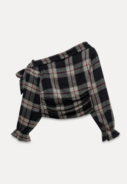 Womens Plaid Off Shoulder Tie Blouse