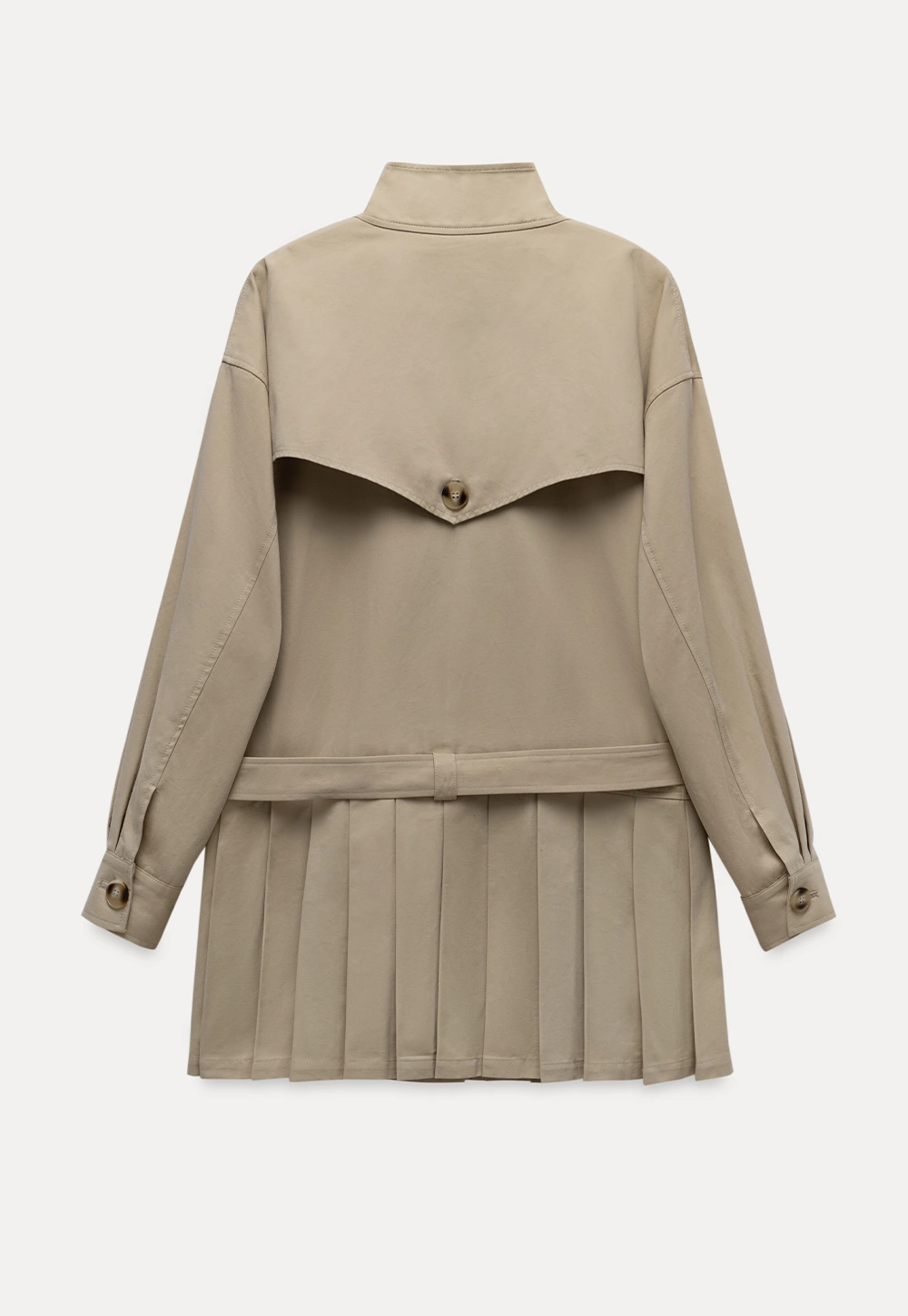 Womens Khaki High Neck Pleated Hem Trench Coat
