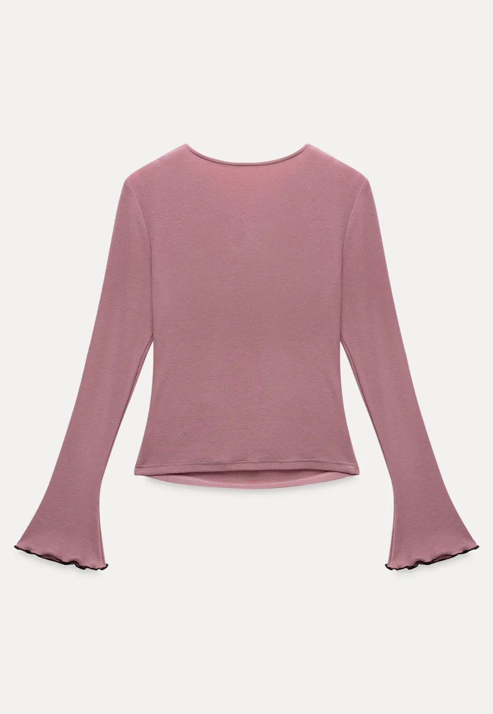 Contrast Trim V-Neck Long Sleeve Shoulder T-Shirt