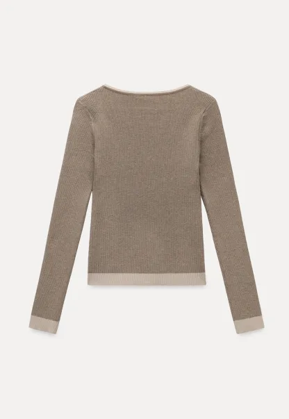 Womens V Neck Contrast Trim Knit Long Sleeve Top