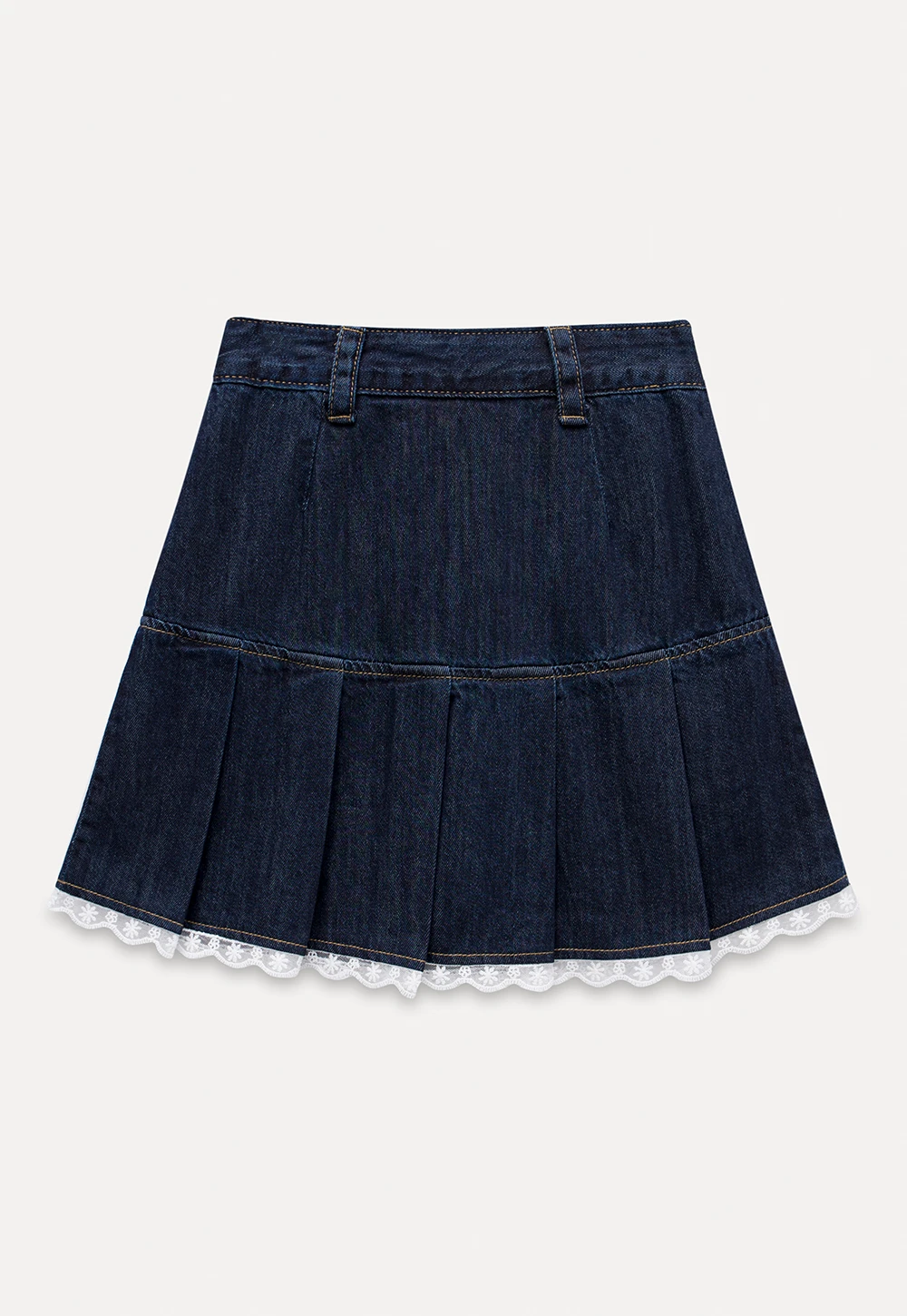 Women’s Pleated Denim Mini Skirt with Lace Trim
