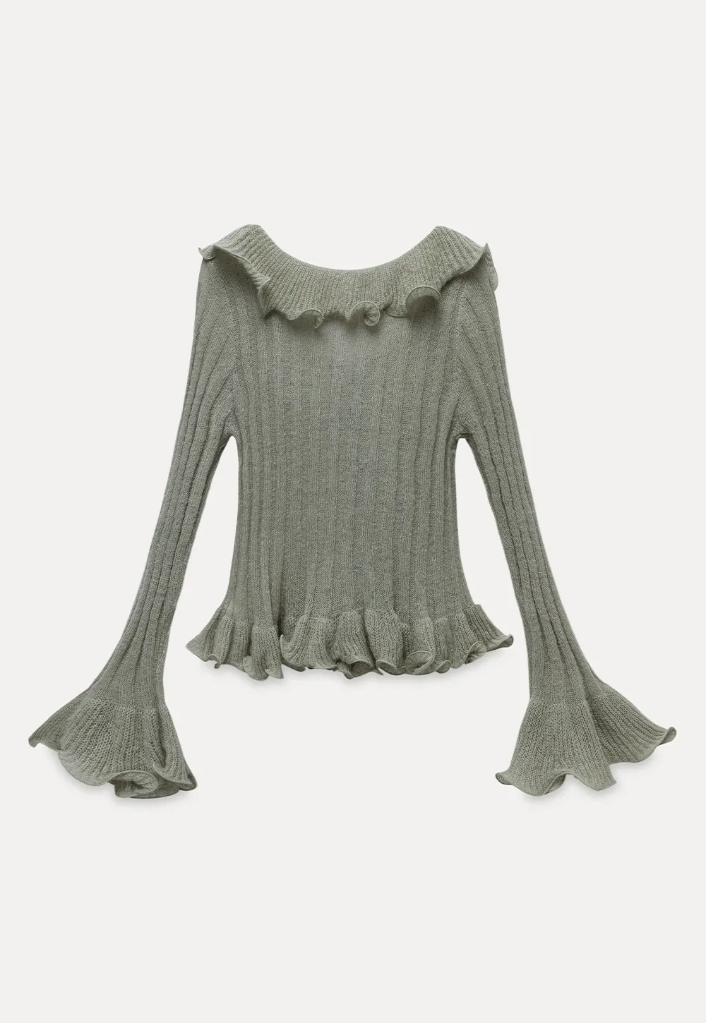 Womens Ruffle Hem Flared Sleeve Knit Top