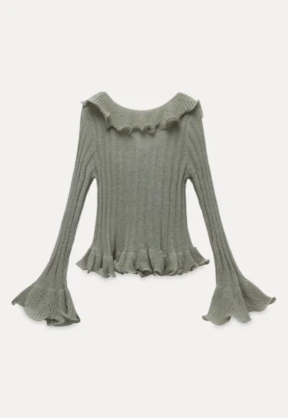 Womens Ruffle Hem Flared Sleeve Knit Top