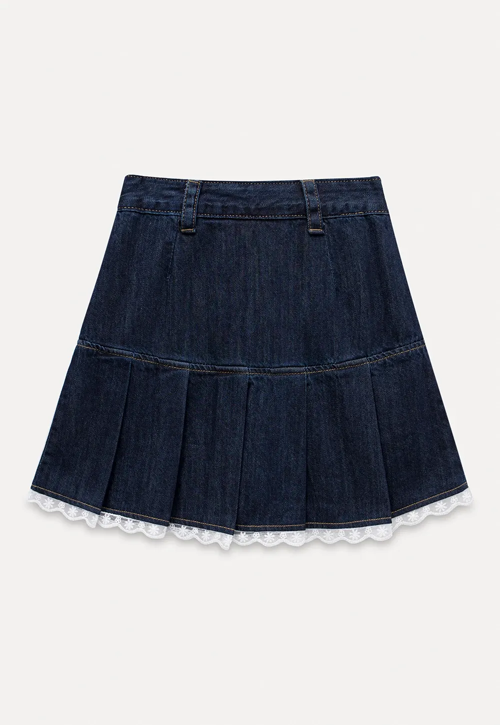 Women’s Pleated Denim Mini Skirt with Lace Trim