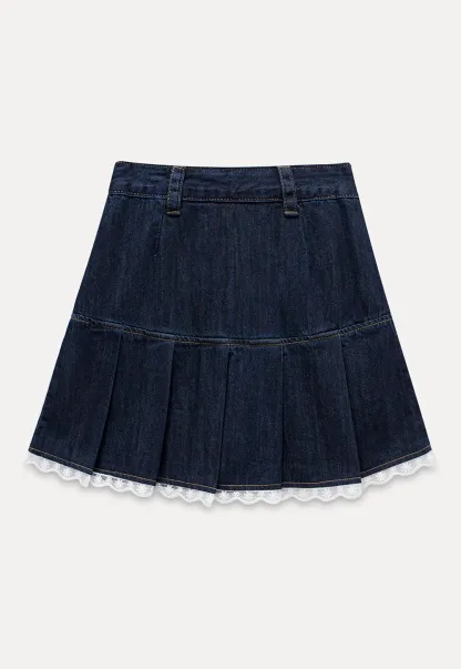 Women’s Pleated Denim Mini Skirt with Lace Trim