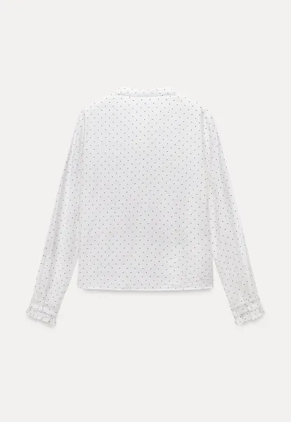 Womens Polka Dot Ruffle Trim Blouse with Bow Tie Neck