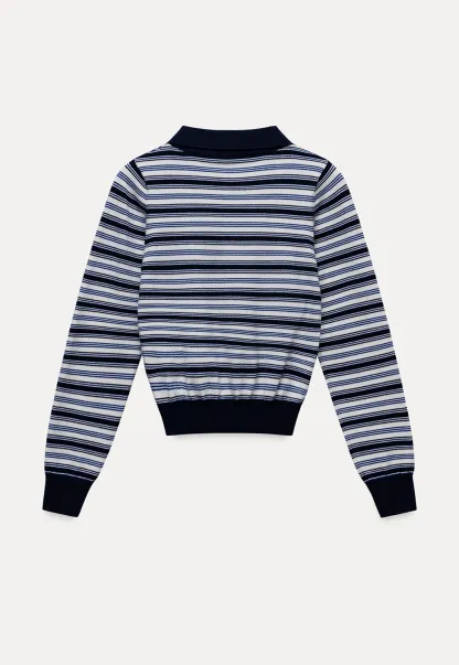 Womens Striped Knit Polo Sweater Long Sleeve