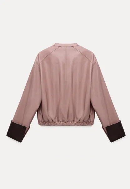 Womens Faux Leather Jacket with Zipper Front and Contrast Cuffs