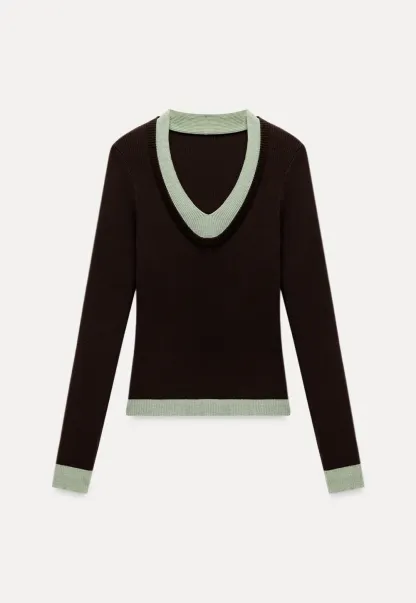 Contrast Trim V Neck Knit Top