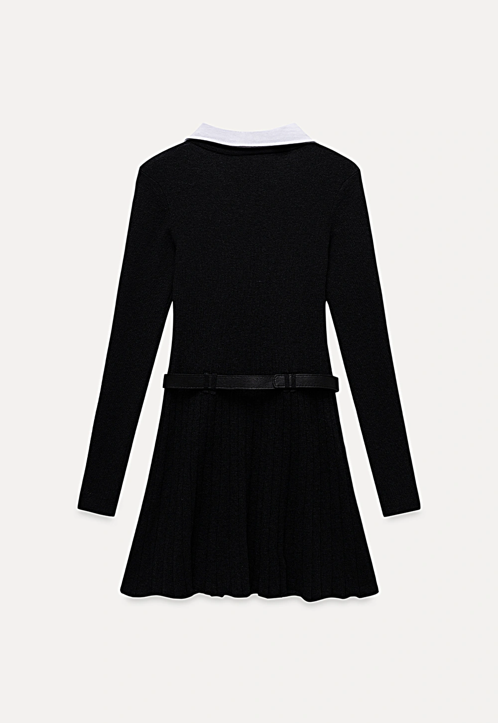 Women Black Sweater Dress with White Collar and Belt