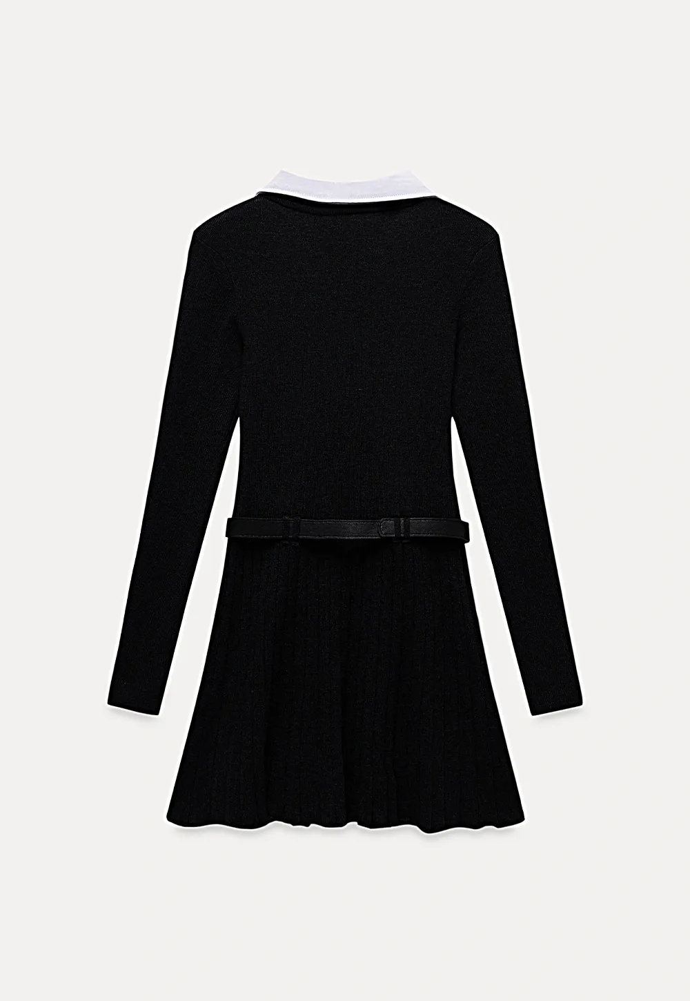 Women Black Sweater Dress with White Collar and Belt