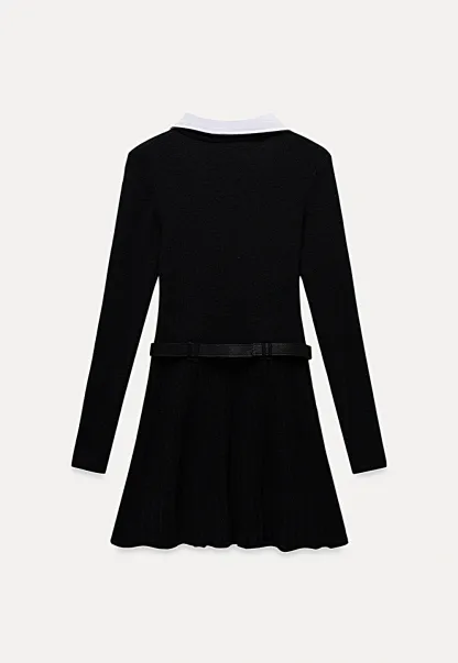 Women Black Sweater Dress with White Collar and Belt