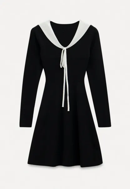 Womens Contrast Tie Collar Knit Dress