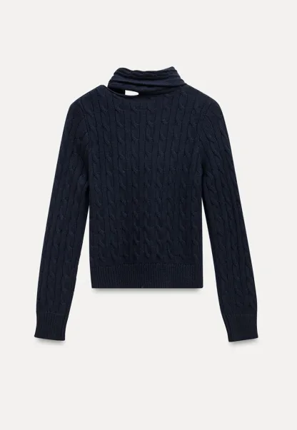 Women Cable Knit Sweater with Scarf Tie Long Sleeve