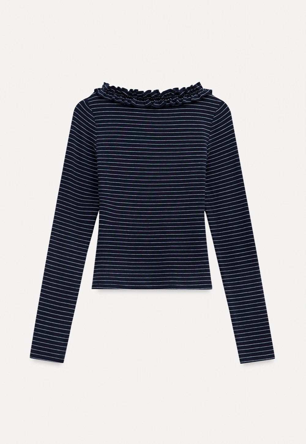 Women Striped Long Sleeve Tee with Ruffled Neckline