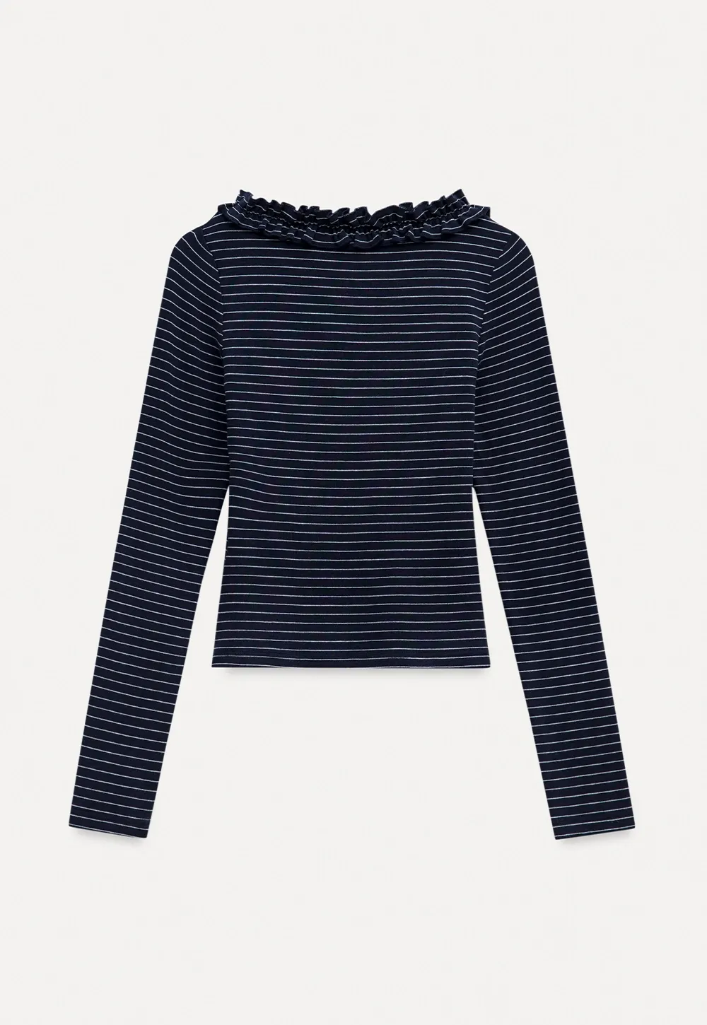 Women Striped Long Sleeve Tee with Ruffled Neckline