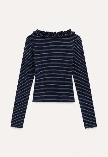 Women Striped Long Sleeve Tee with Ruffled Neckline