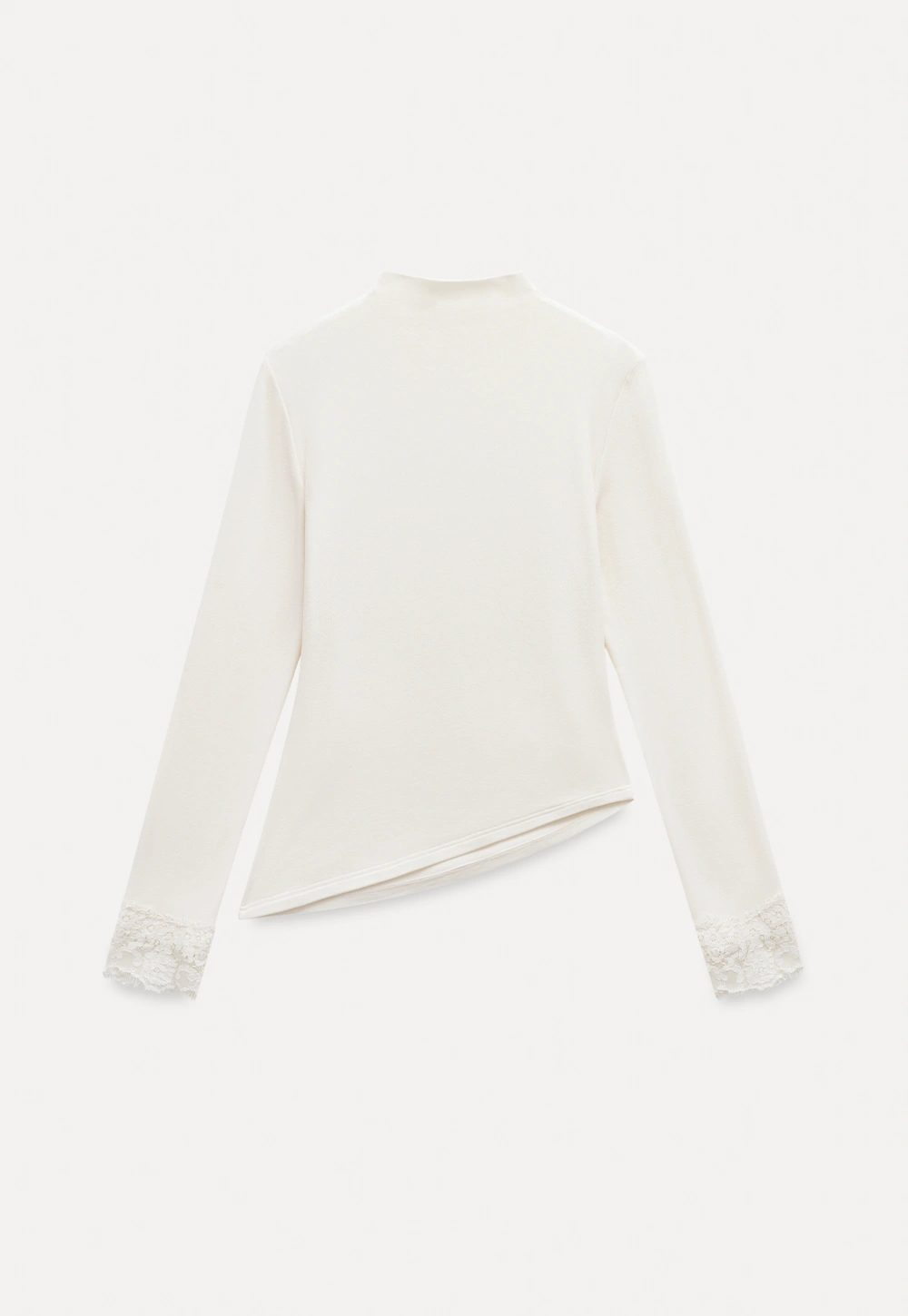 Women Cream White Lace Cuff High Neck Tee