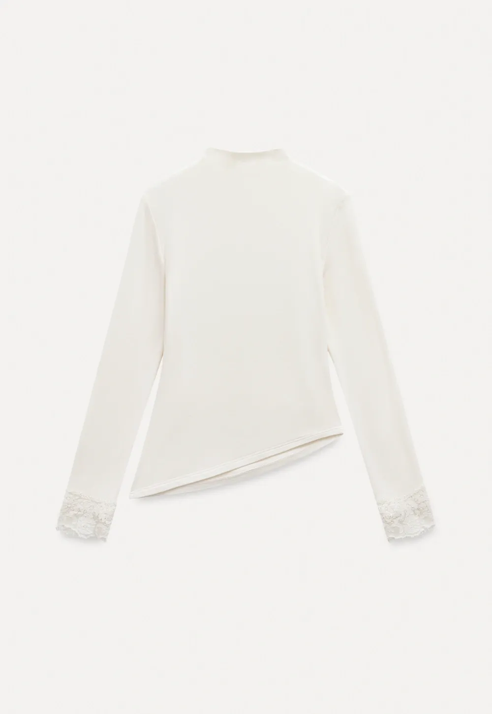 Women Cream White Lace Cuff High Neck Tee